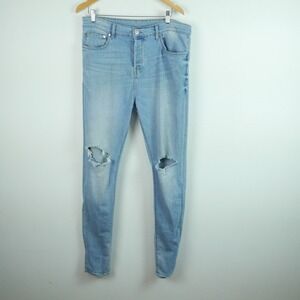 Kith Monroe Denim Pant Mens 34 Light Wash Blue Distressed Ripped Button Fly